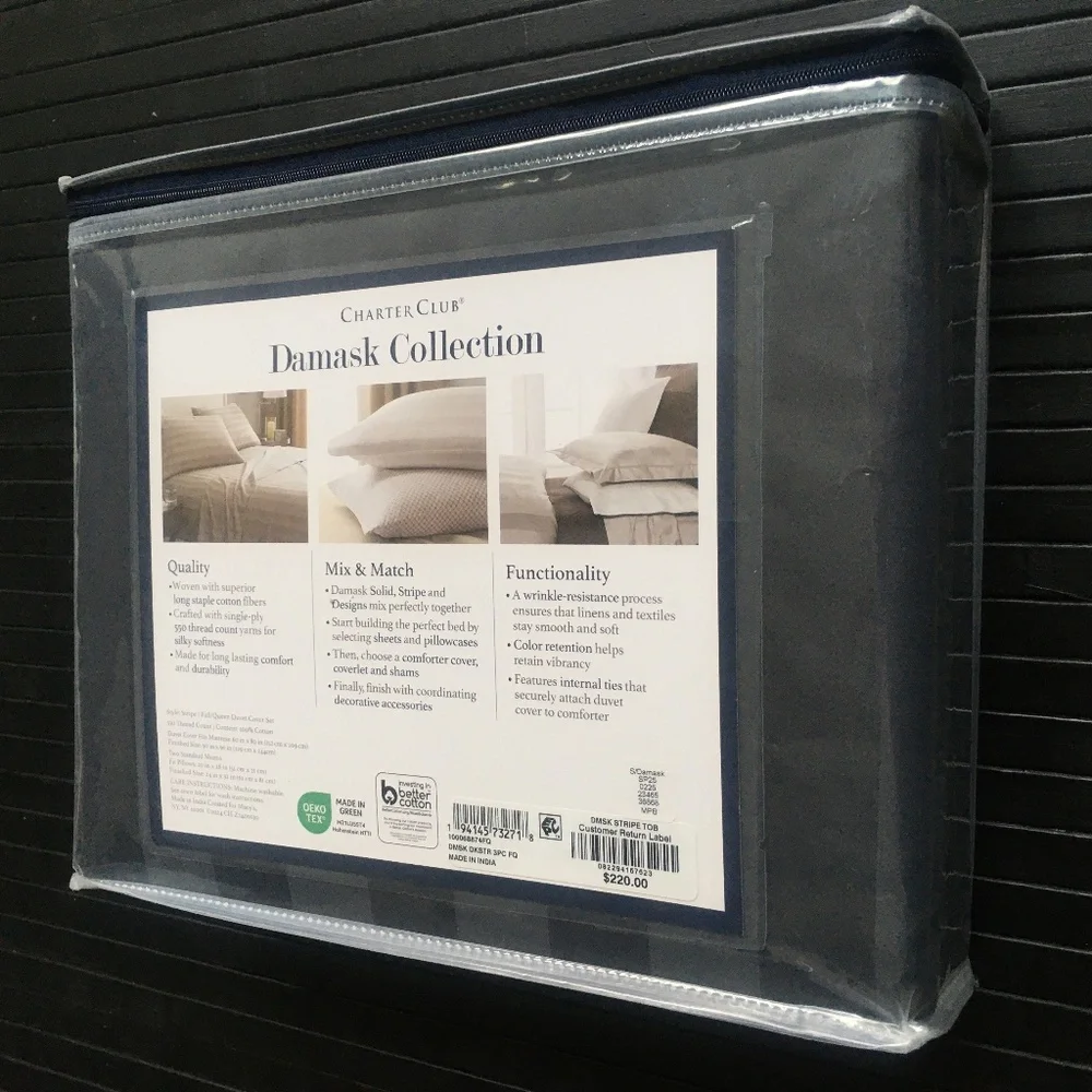 CHARCOAL GRAY Charter Club Stripe 550 TC 100% Cotton FULL/QUEEN Duvet Cover Set